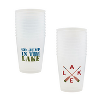 Load image into Gallery viewer, A stack of white plastic cups with the text &quot;GO JUMP IN THE LAKE&quot; in green and blue gradient, and another with crossed oars and &quot;LAKE&quot; text in earthy tones, on a white background.