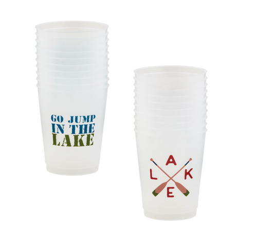 A stack of white plastic cups with the text 