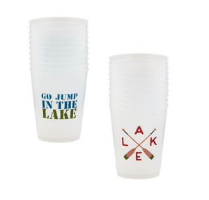 A stack of white plastic cups with the text "GO JUMP IN THE LAKE" in green and blue gradient, and another with crossed oars and "LAKE" text in earthy tones, on a white background.