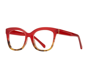Elegant red and brown tortoise-patterned blue light reading glasses with a smooth transition from bold red at the top to mottled brown hues at the bottom, providing a stylish solution for reducing digital eye strain.
