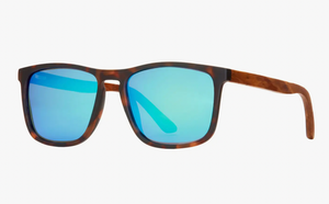 Trendy tortoiseshell sunglasses with cool blue reflective lenses and wooden temples, offering a perfect mix of classic pattern and modern flair.