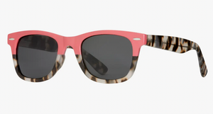 Fashion-forward sunglasses with a coral pink front and classic tortoiseshell pattern on the arms, featuring dark lenses for a bold, contemporary look.