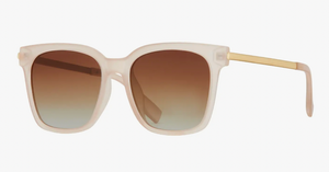 Elegant off-white sunglasses with a matte finish and golden metal arms, complemented by brown gradient lenses for a luxurious and contemporary look.