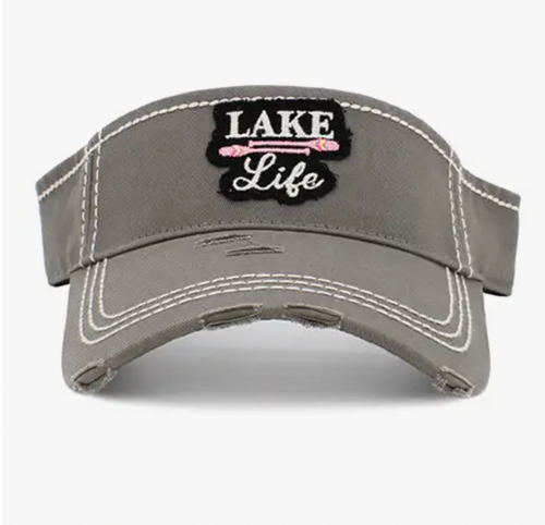 A gray visor with a curved brim, accented with contrasting white stitching and featuring 'Lake Life' embroidery on the front, exemplifying a passion for lakeside leisure.