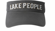 Load image into Gallery viewer, A stylish dark gray visor featuring bold, white embroidered text &quot;LAKE PEOPLE&quot; across the front, ideal for outdoor enthusiasts.