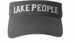 A stylish dark gray visor featuring bold, white embroidered text "LAKE PEOPLE" across the front, ideal for outdoor enthusiasts.