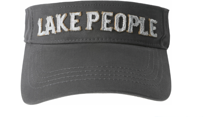 A stylish dark gray visor featuring bold, white embroidered text 