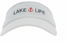 Load image into Gallery viewer, A white Dri-Fit visor with the words &quot;LAKE LIFE&quot; and a red anchor embroidered on the front, exuding a maritime vibe.