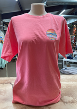 Load image into Gallery viewer, The front of a neon coral t-shirt with a small Cedar Creek Lake Life logo on the left chest area.