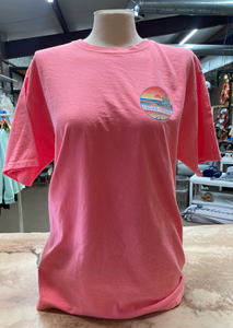 The front of a neon coral t-shirt with a small Cedar Creek Lake Life logo on the left chest area.