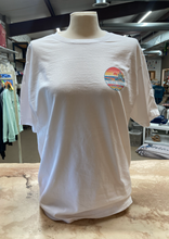 Load image into Gallery viewer, A white ringspun tee with the Cedar Creek Lake Life logo, displayed on a mannequin in a store.