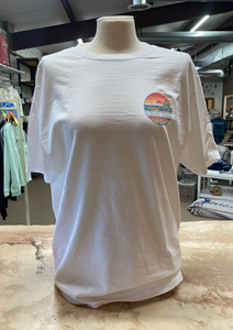 A white ringspun tee with the Cedar Creek Lake Life logo, displayed on a mannequin in a store.