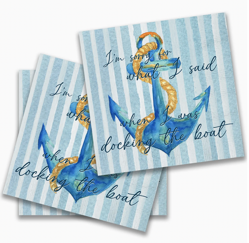 Three stacked cocktail napkins with a blue and white striped background and a painted anchor. They bear the lighthearted apology, 