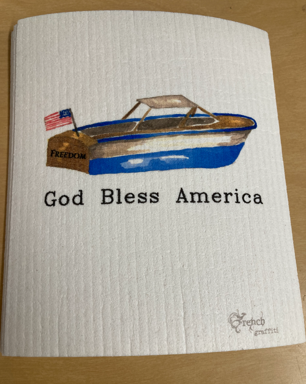 God Bless America Blue Freedom Boat Swedish Dishcloth