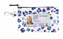 Load image into Gallery viewer, A playful card holder featuring a navy and pink leopard print with a transparent ID pocket on the front, merging convenience with a touch of whimsy.