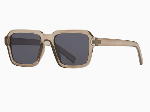 Stylish taupe transparent acetate frame sunglasses with square-shaped dark gray lenses and sleek temple arms, ideal for a chic and contemporary look.