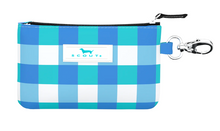 Load image into Gallery viewer, A card holder with a bold blue and white gingham pattern, featuring a SCOUT logo, exudes a fresh, preppy vibe, complete with a silver carabiner clip.