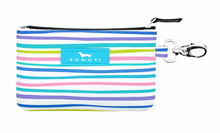 Load image into Gallery viewer, This card holder is a colorful canvas of pastel stripes, complemented by a light blue SCOUT logo plate and a practical silver carabiner, radiating fun and functionality.