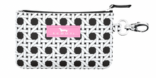 Load image into Gallery viewer, A chic card holder showcases a black and white abstract pattern with a pink SCOUT logo, offering a modern, artistic flair, and a functional silver clip.