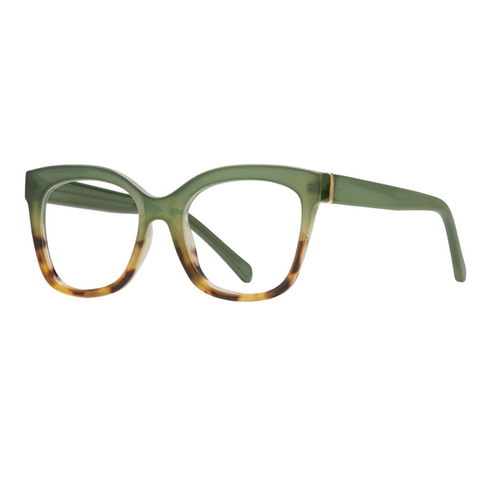 Elegant green and brown tortoise-patterned blue light reading glasses with a smooth transition from green at the top to mottled brown hues at the bottom, providing a stylish solution for reducing digital eye strain.
