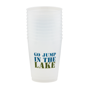 A stack of white plastic cups adorned with the phrase "GO JUMP IN THE LAKE" in a gradient of blue to green letters, invoking a sense of playful fun and the refreshing experience of lakeside activities.