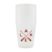Load image into Gallery viewer, A stack of white plastic cups with a design of crossed oars and the letters &quot;L A K E&quot; in a warm color palette of red and brown, symbolizing a cozy, adventurous lake lifestyle.