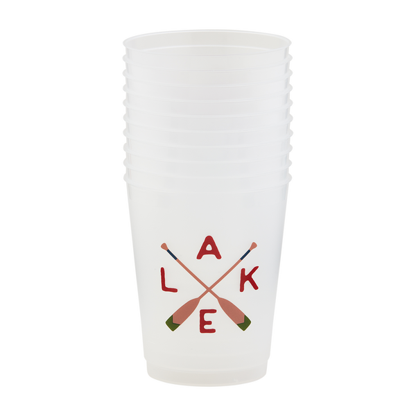 A stack of white plastic cups with a design of crossed oars and the letters 