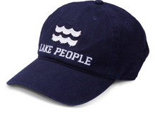 Load image into Gallery viewer, Anchor your style with the &#39;Lake People&#39; Adjustable Hat in classic navy. Durable, comfortable, and sporting a whimsical waves-and-text embroidery, this hat is for those who feel most at home by the lake. Its adjustable strap ensures a perfect fit for any lakeside adventurer.