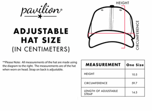 A sizing chart for the 'Lake People' navy hat, displaying adjustable measurements in centimeters, ensuring buyers can find the right fit for their head size.