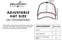 Load image into Gallery viewer, A sizing chart for the adjustable hat, detailing measurements in centimeters with a diagram for reference, indicating a one-size-fits-all design.