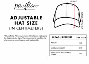 A sizing chart for the adjustable hat, detailing measurements in centimeters with a diagram for reference, indicating a one-size-fits-all design.